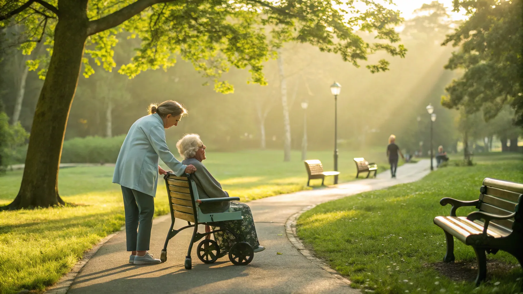 Companion Jobs for Seniors Guide: A caring interaction in a tranquil park setting.