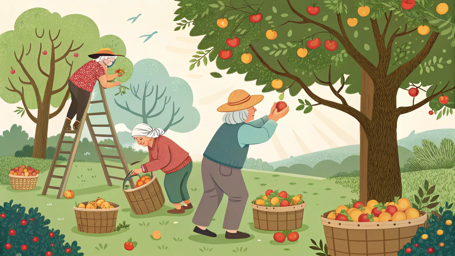 시니어를 위한 과일 선별 및 수확 일자리 in a lush orchard with colorful fruits.