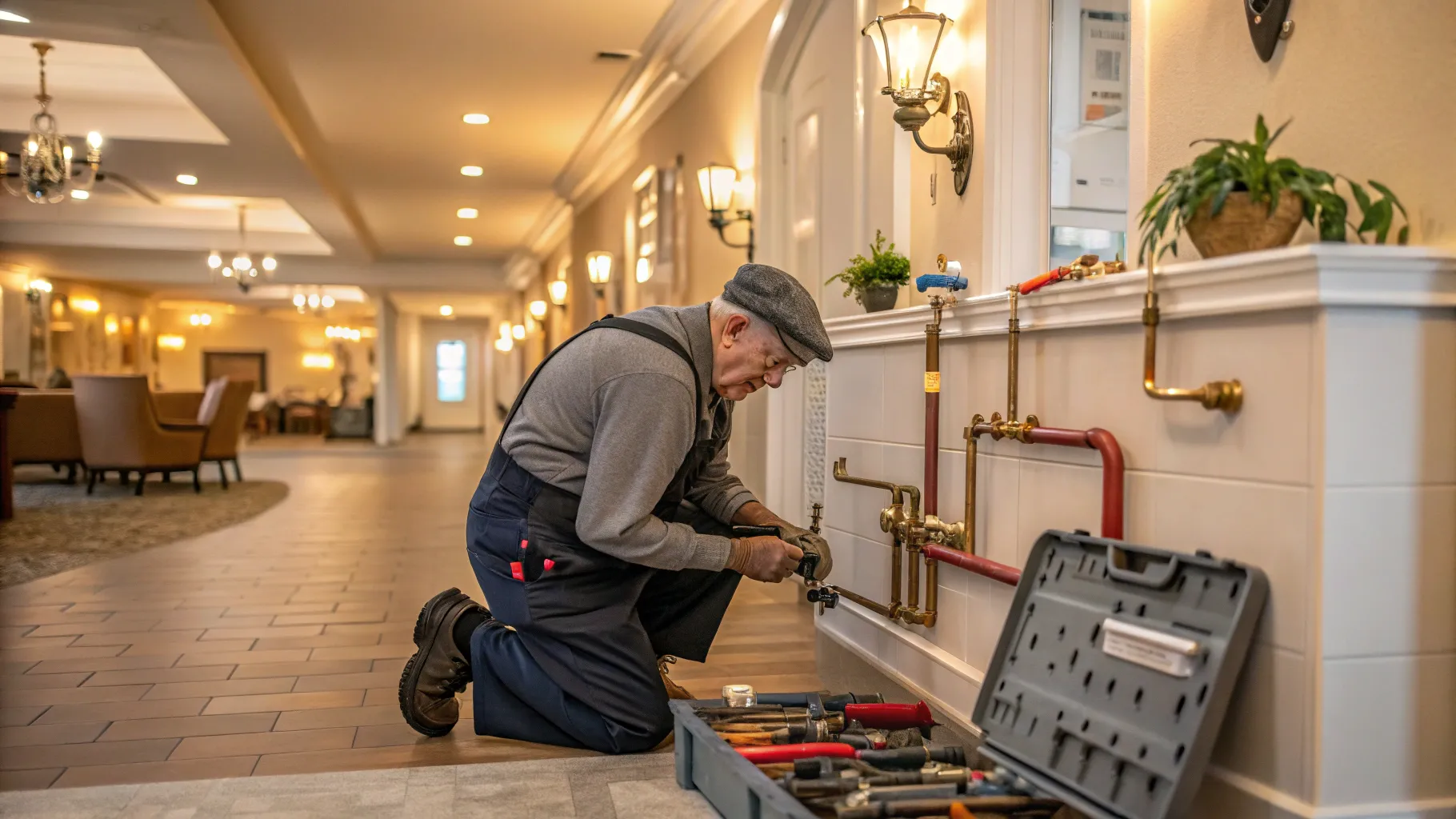 시니어를 위한 시설 유지보수 기술자 직업 tending to plumbing in a welcoming environment.