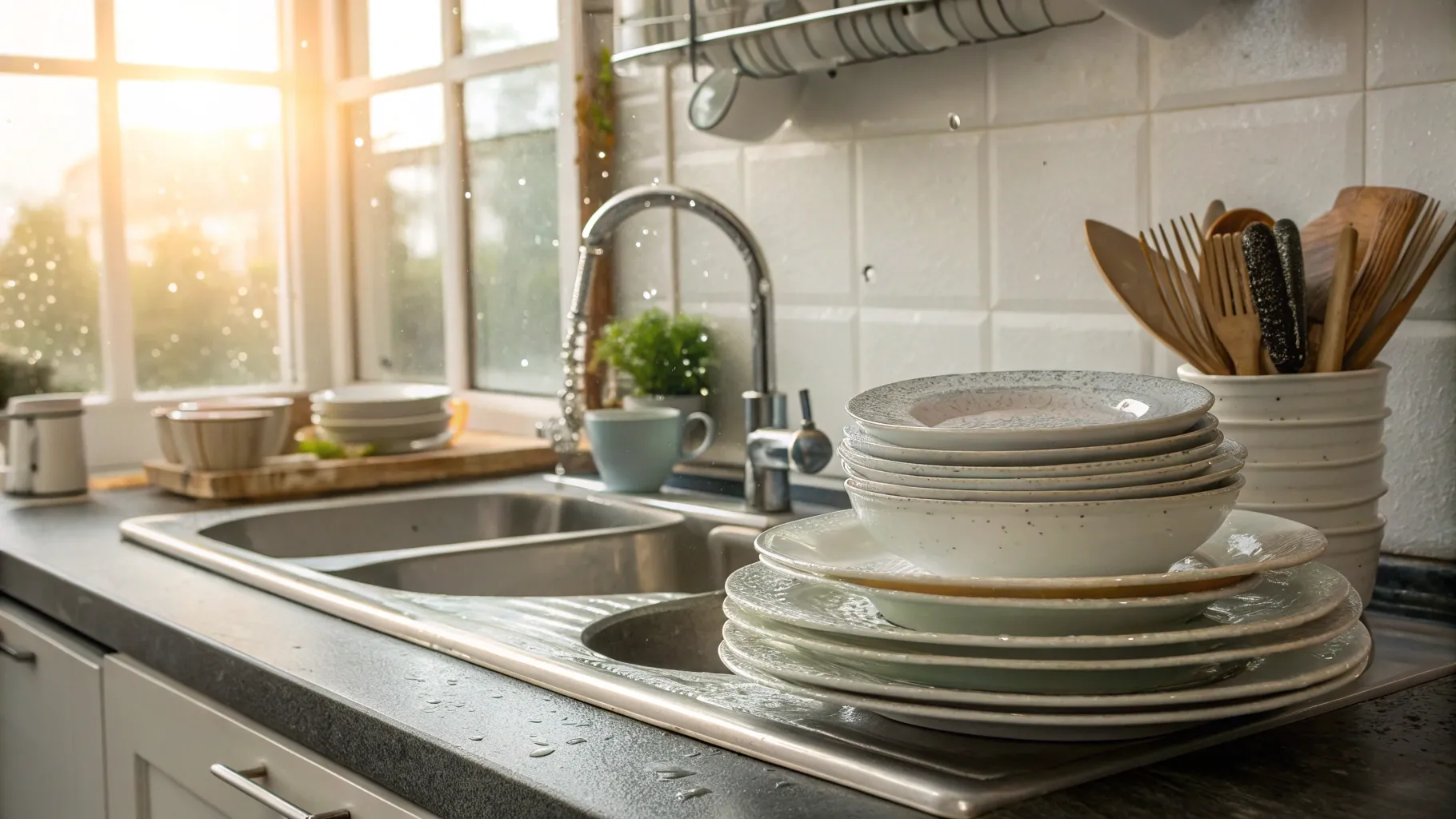 시니어를 위한 파트타임 설거지 일자리 - A clean kitchen with sunlit dishes and utensils.