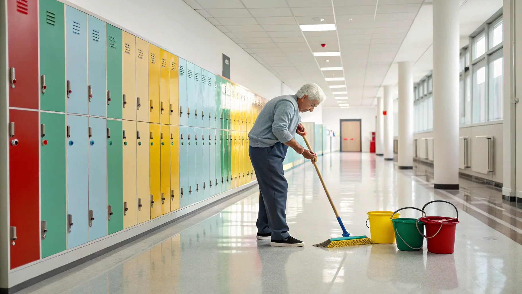시니어를 위한 학교 청소부 직업 in a vibrant school hallway with cleaning tools.