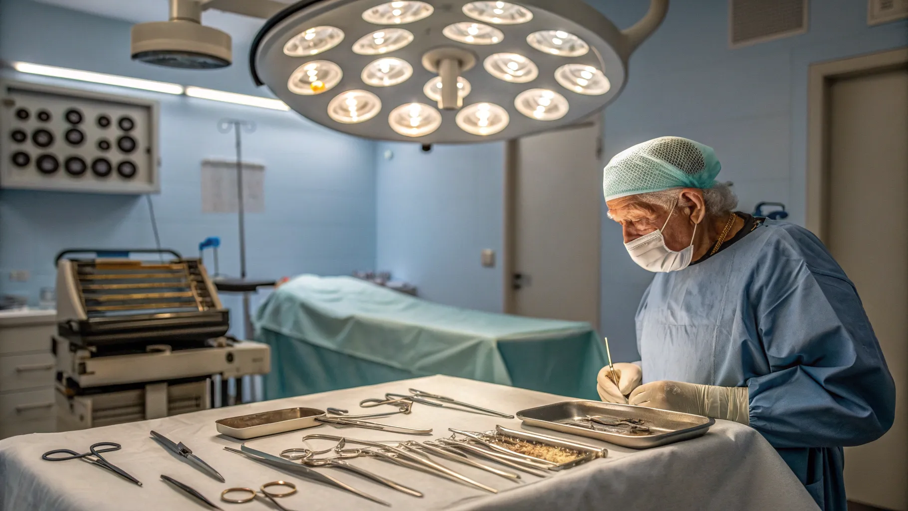 어르신 눈꺼풀 수술 instruments arranged in a clean, serene surgical room setting.