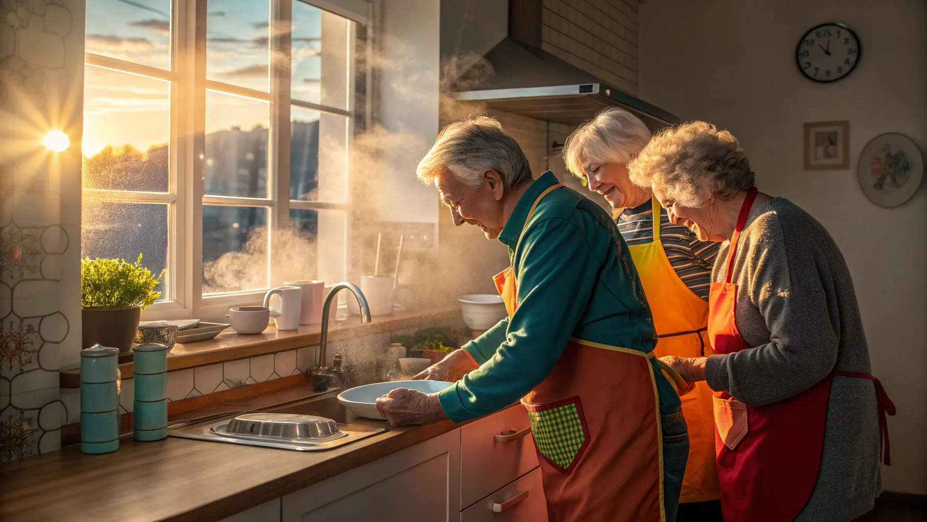 저녁 시니어 설거지 직업 in a warm kitchen scene with teamwork and camaraderie.