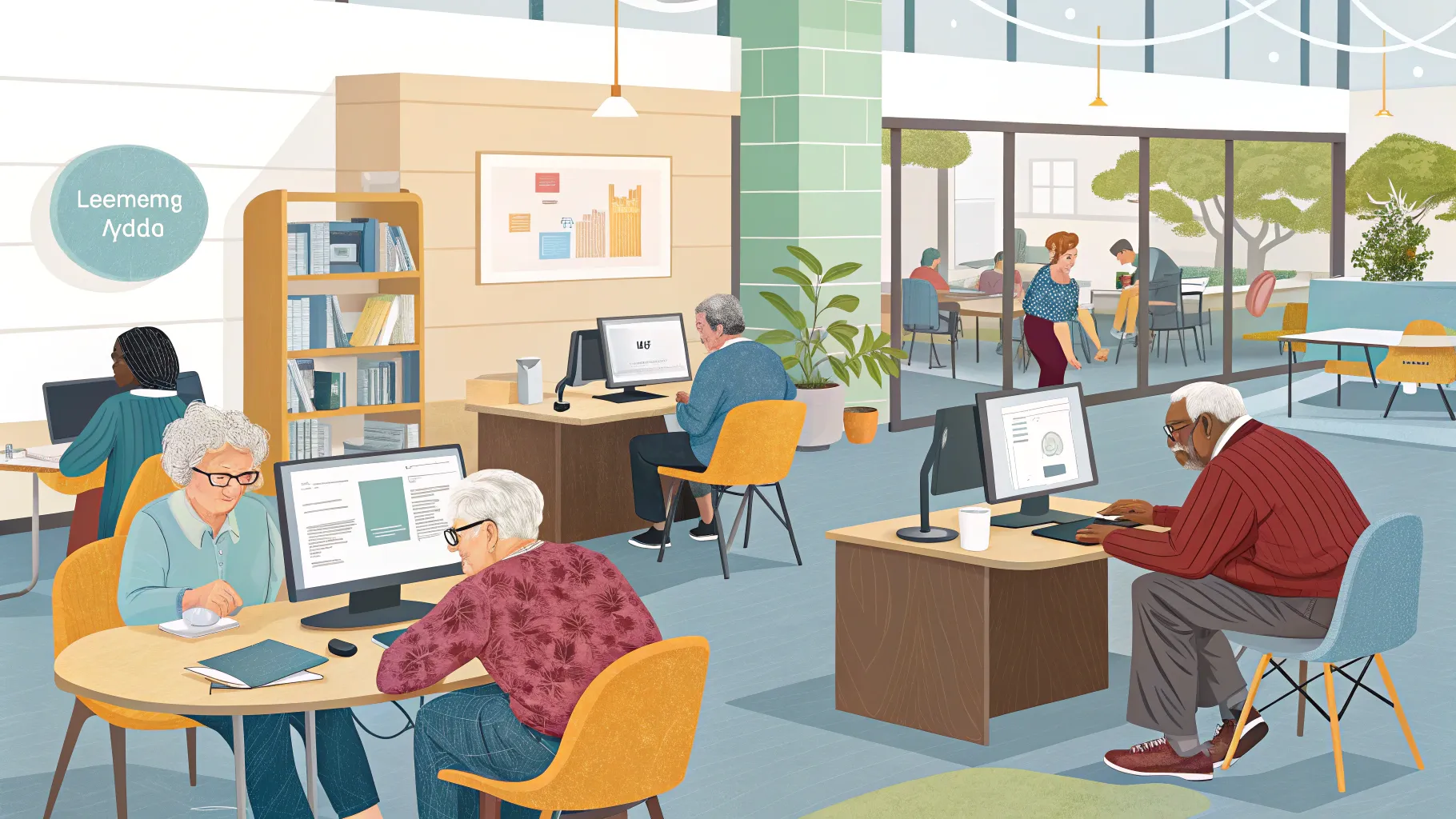 중년 및 노년층 일자리 2025: Active senior community engaged in skill-building activities.