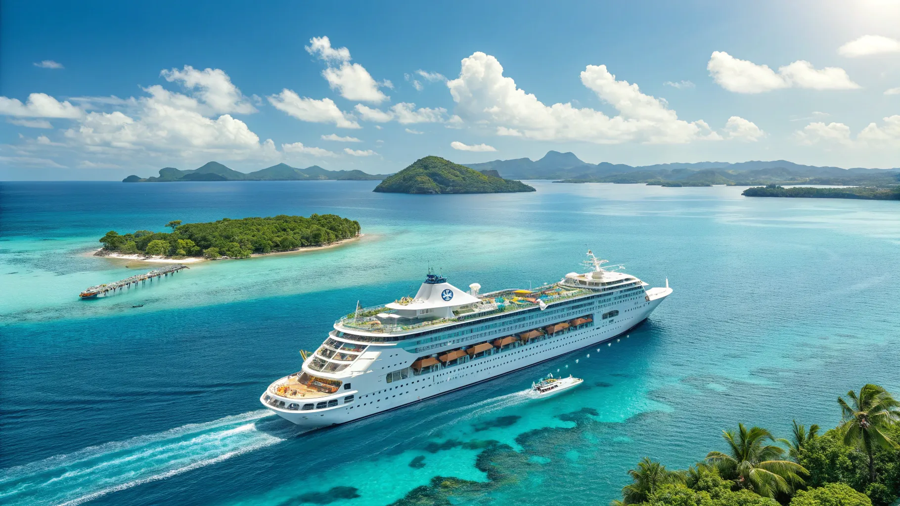 한국 시니어를 위한 크루즈, a beautiful ship cruising through tropical waters.