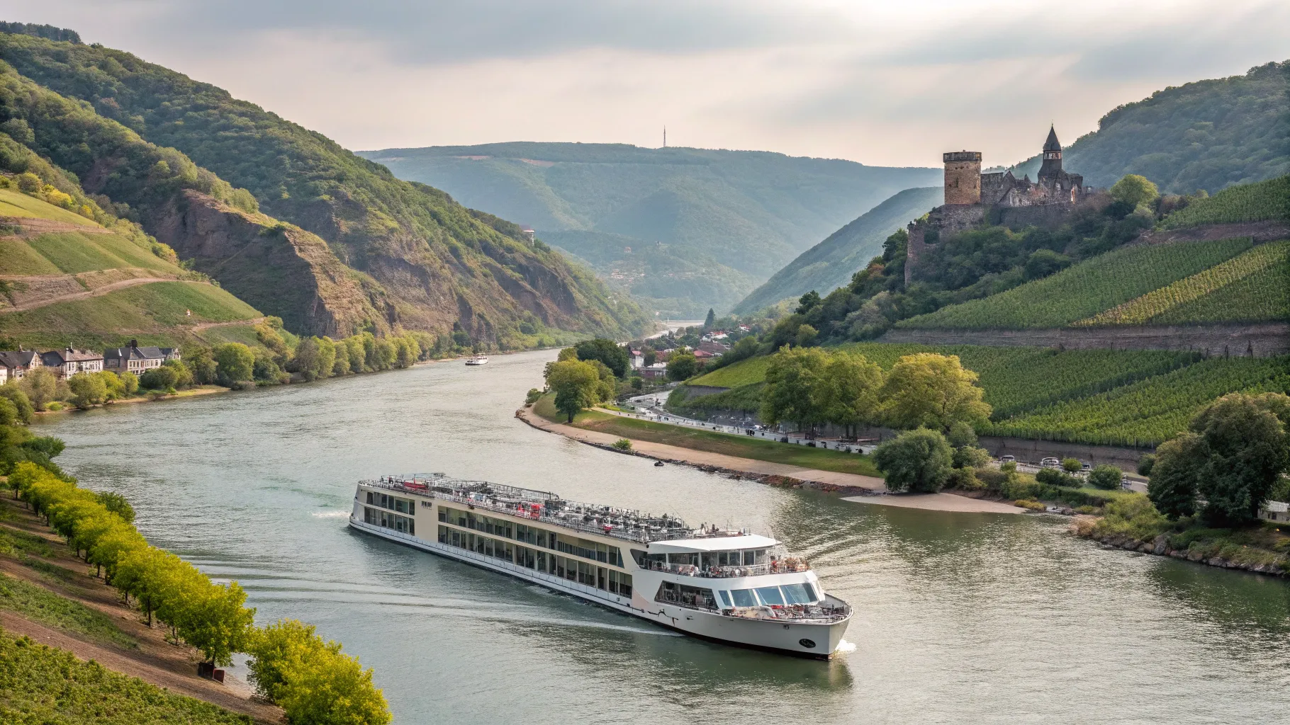Een luxe riviercruiseschip vaart langs een pittoresk Europees landschap, wat de ervaring van <strong>Luxus Flusskreuzfahrt Europa</strong> toont.