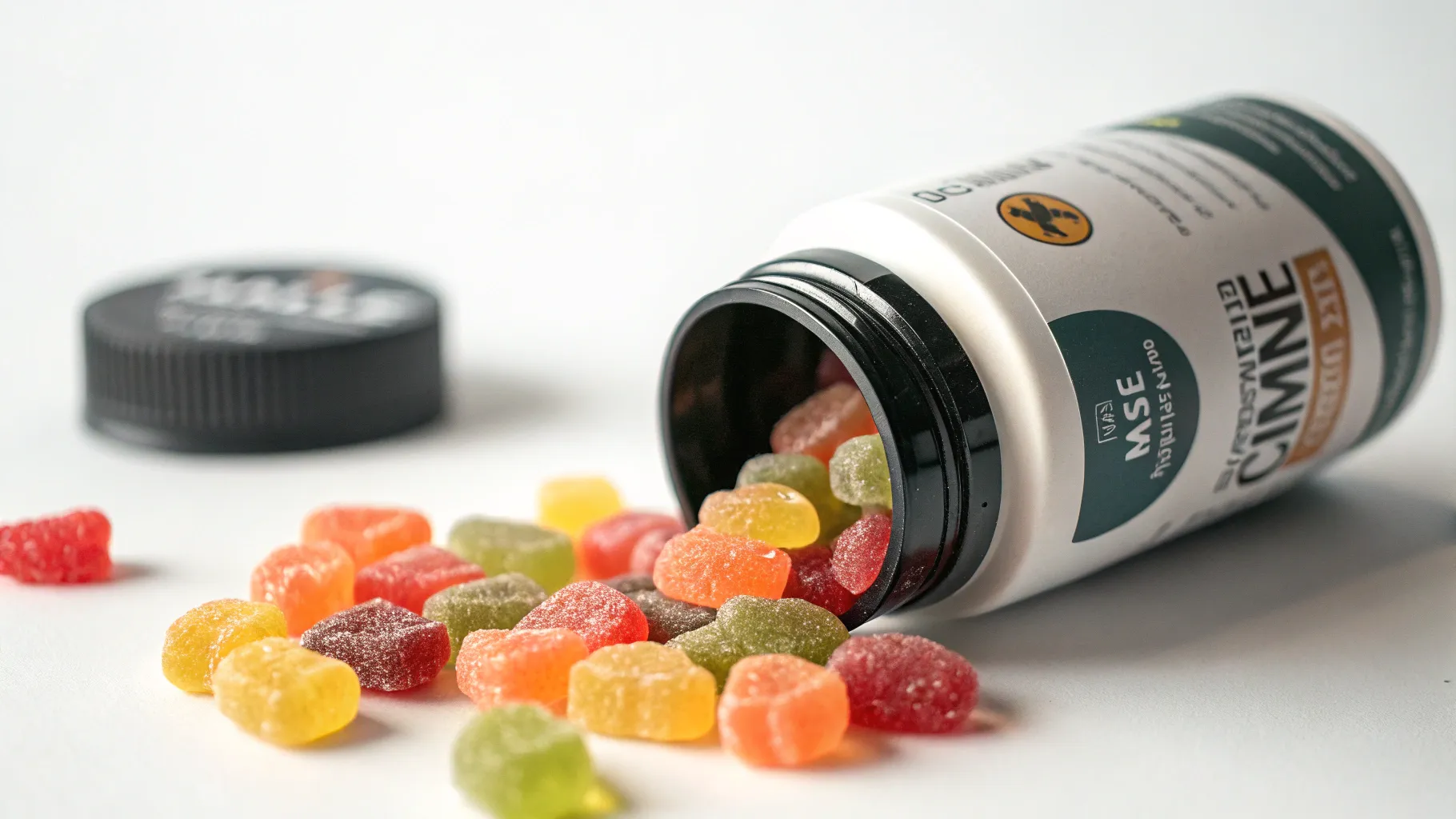 Een potje met kleurrijke male enhancement gummies op een neutrale achtergrond, met de focus op de textuur en vorm van de gummies.