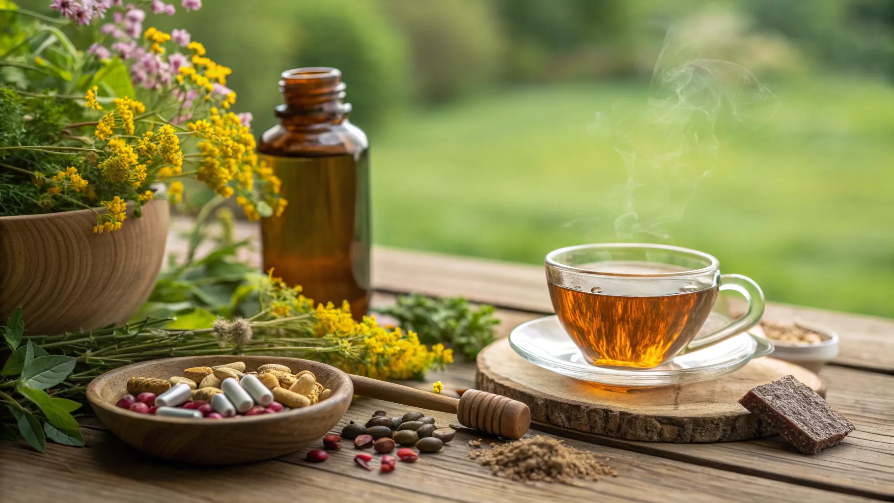 natuurlijke middelen tegen depressie: serene herbs and supplements on a wooden table.