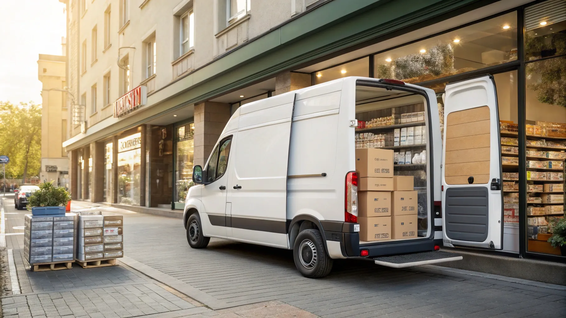 chauffeur van medicijnbezorger transporting medical supplies in a busy city setting.