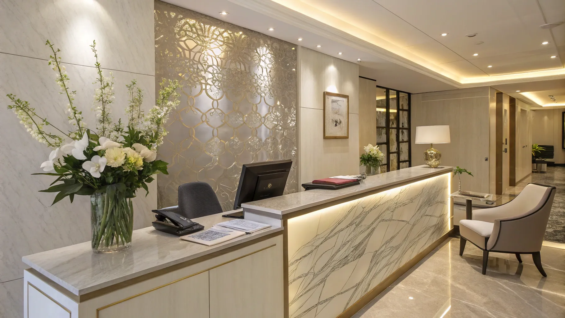 Receptionistbanen in a vibrant and welcoming modern office reception area.