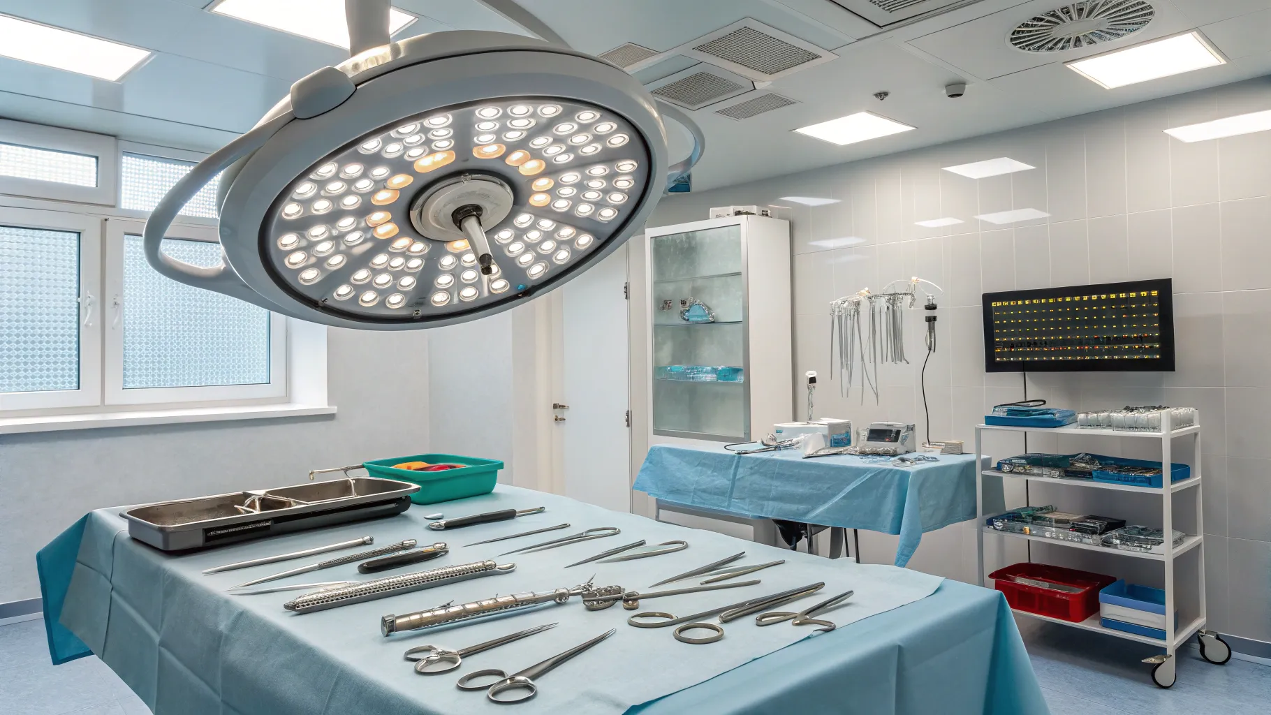 Operacja powiek – Blefaroplastyka: A detailed surgical room prepared for eyelid surgery.