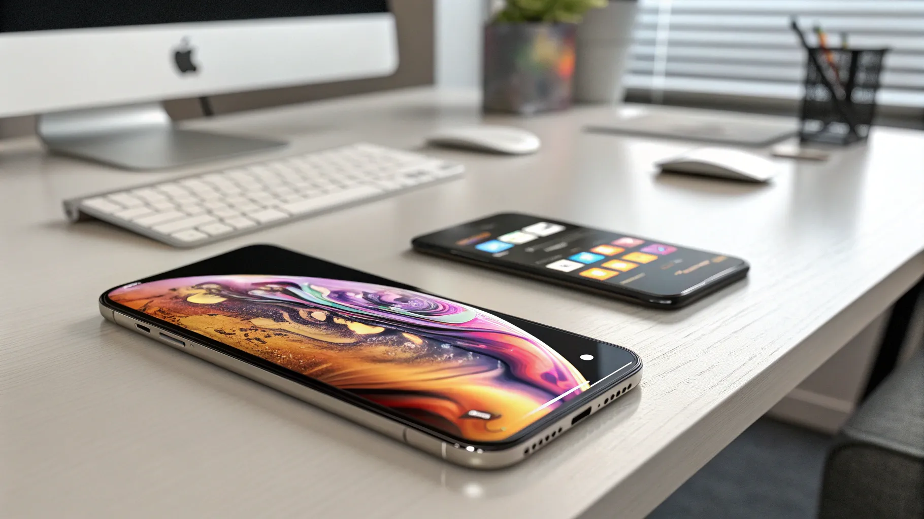 5 razões para fazer upgrade para o iPhone: a latest model on a modern desk with tech ambiance.