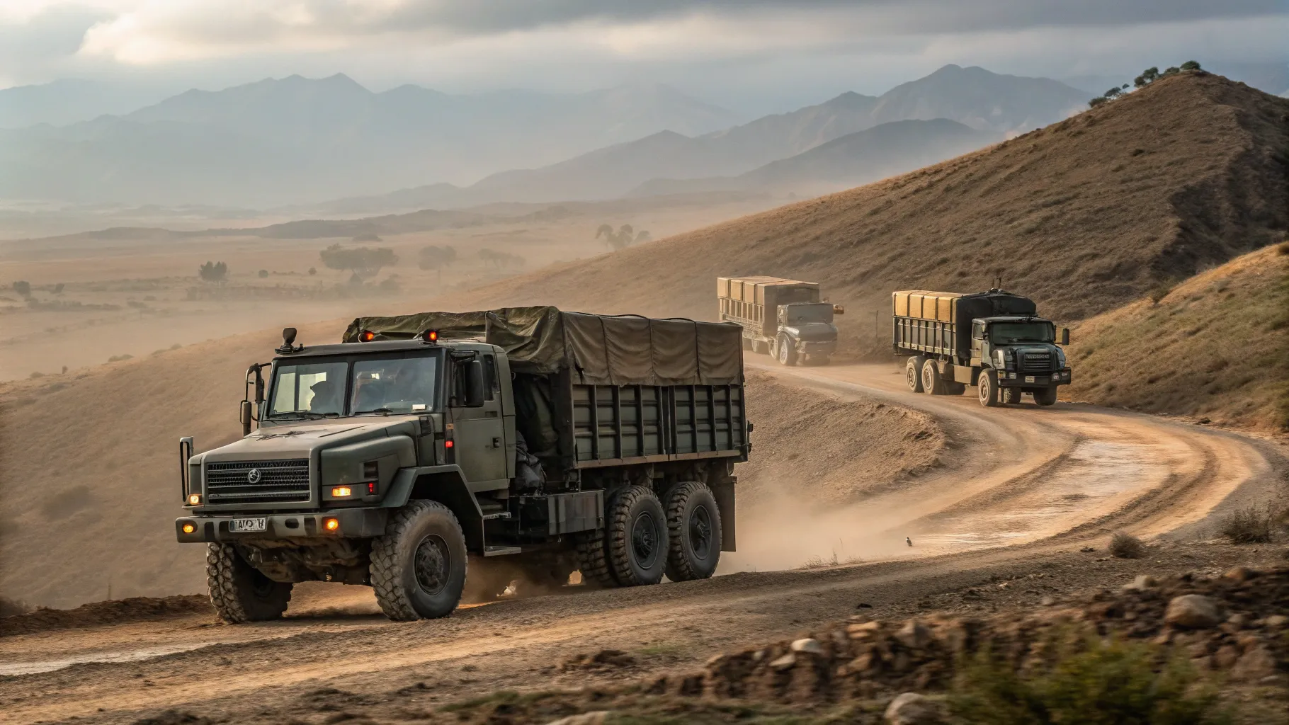 Caminhões Militares & Logística maneuvering through challenging landscapes, displaying strength.