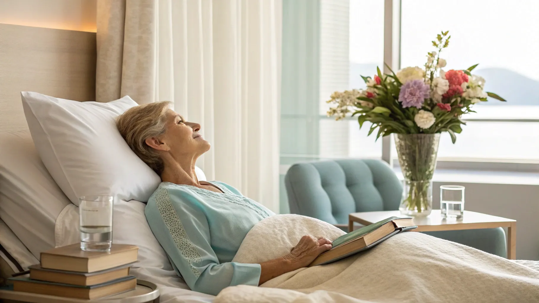 Recuperação após cirurgia de lifting facial em um ambiente sereno e acolhedor.