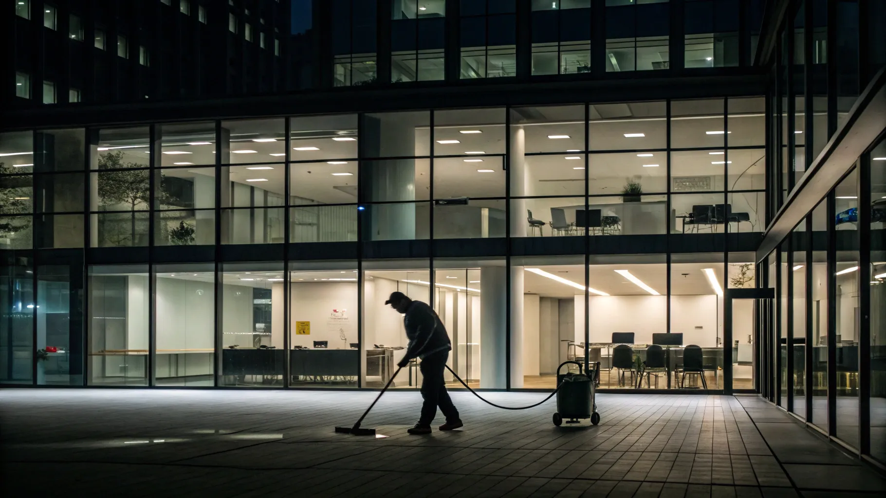 Faxineiro noturno limpando um escritório moderno vazio, com luzes indiretas e equipamento de limpeza, representando os diversos tipos de empregos de limpeza noturna.