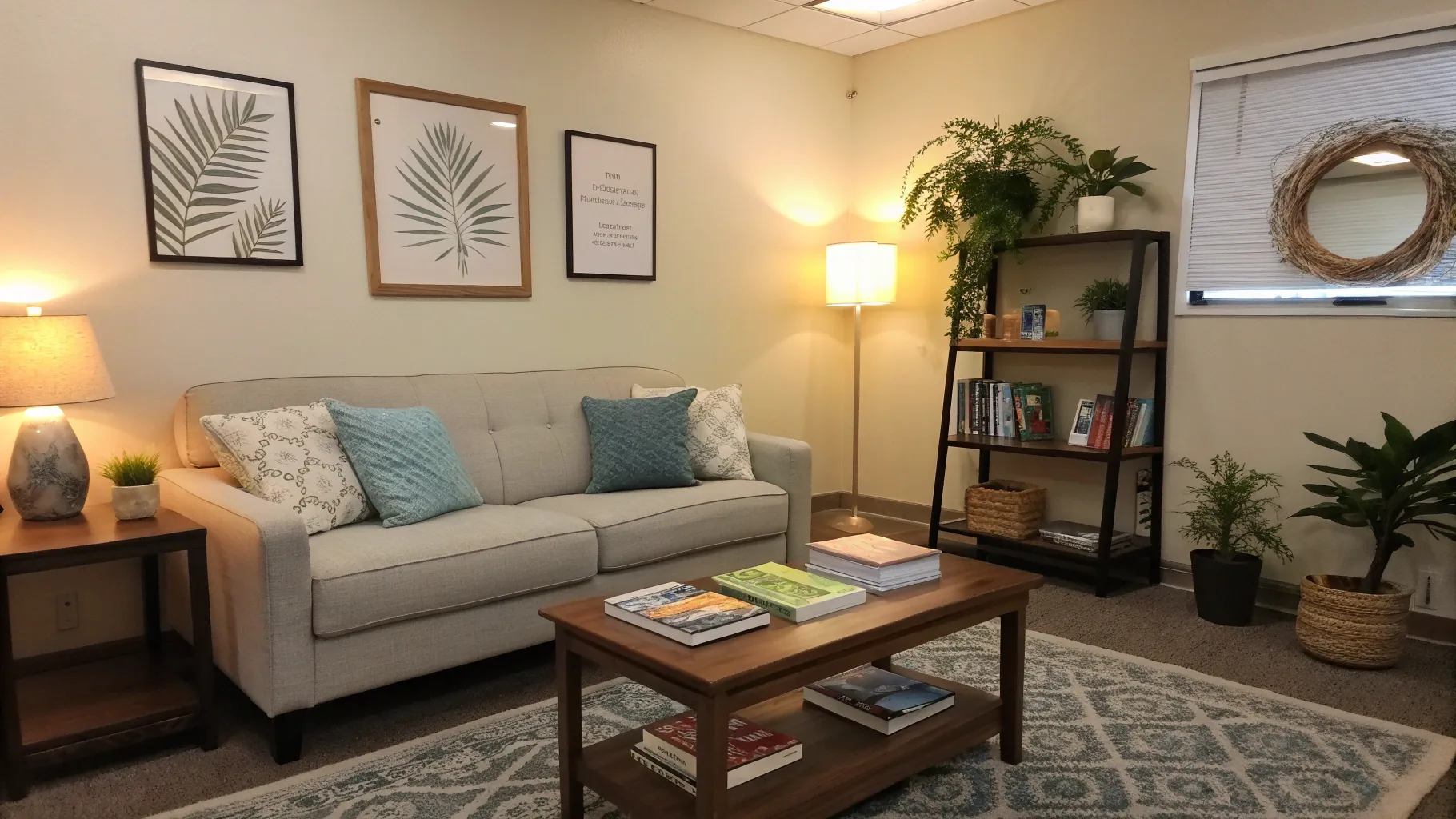 Gatilhos e Tratamentos do TEPT: A peaceful therapy setting with inviting decor.
