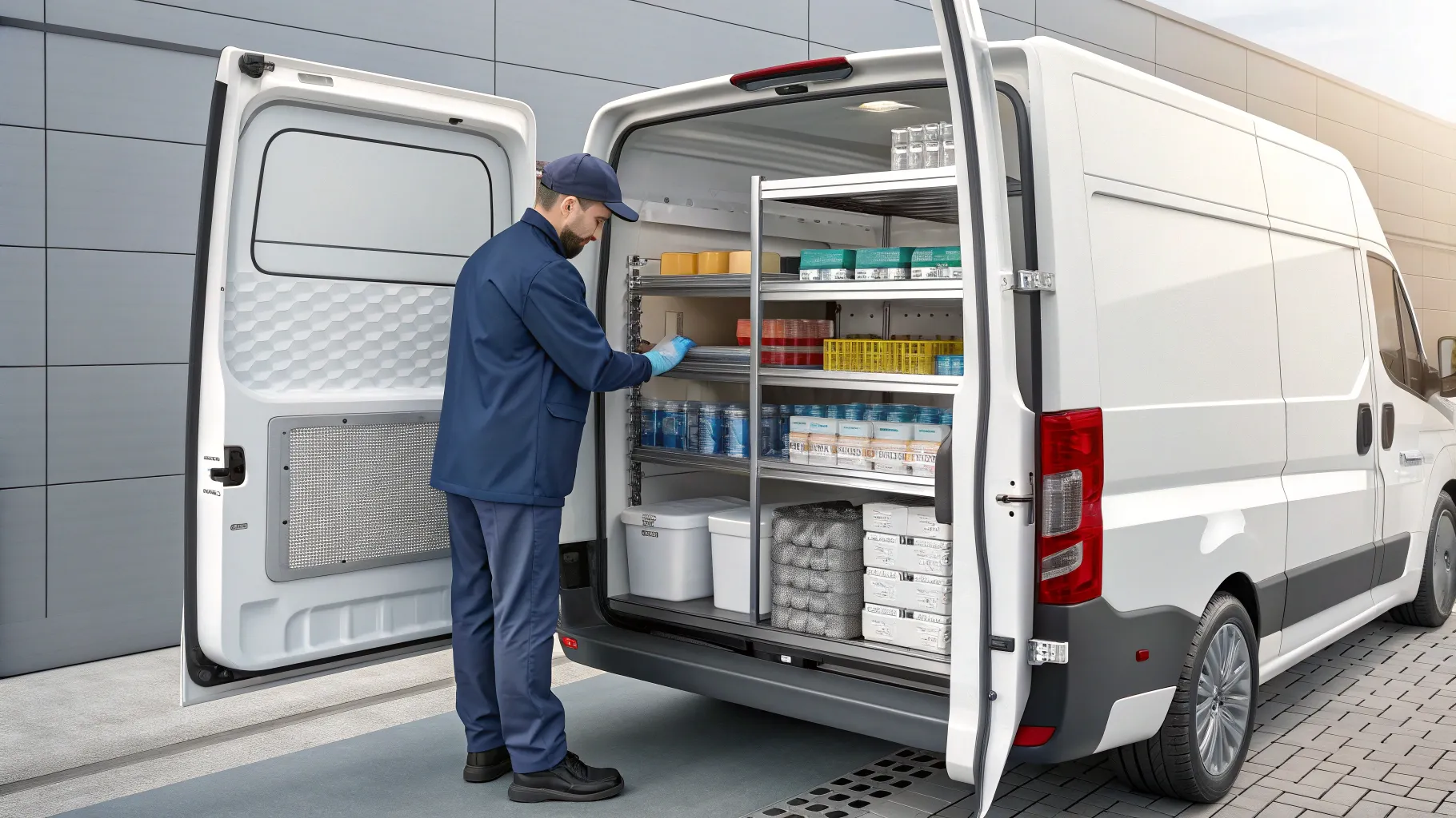 motorista de entrega médica organizing a refrigerated van filled with medical supplies.