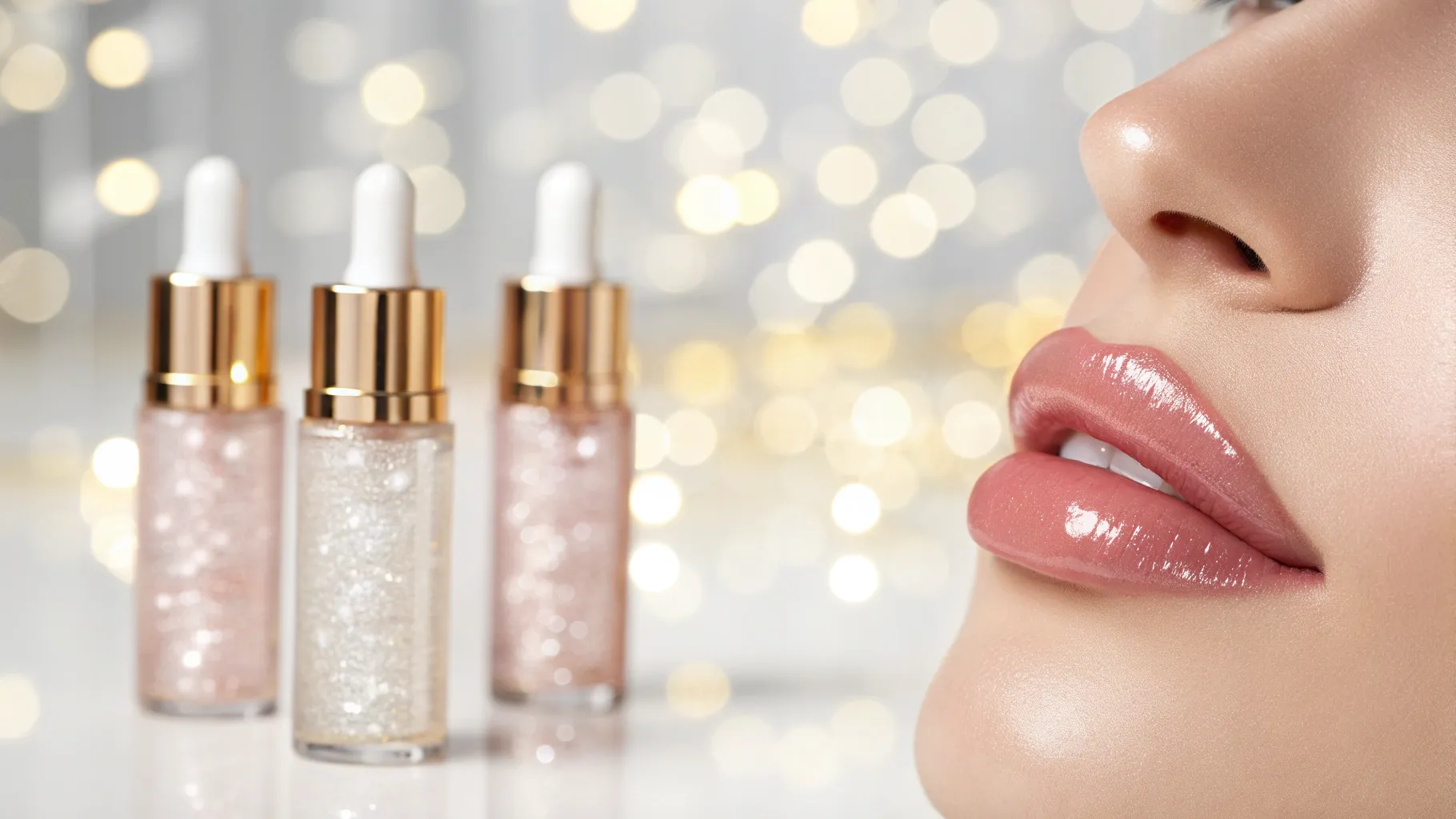 Soros de ácido hialurônico para lábios enrugados, showcasing glossy, hydrated lips.