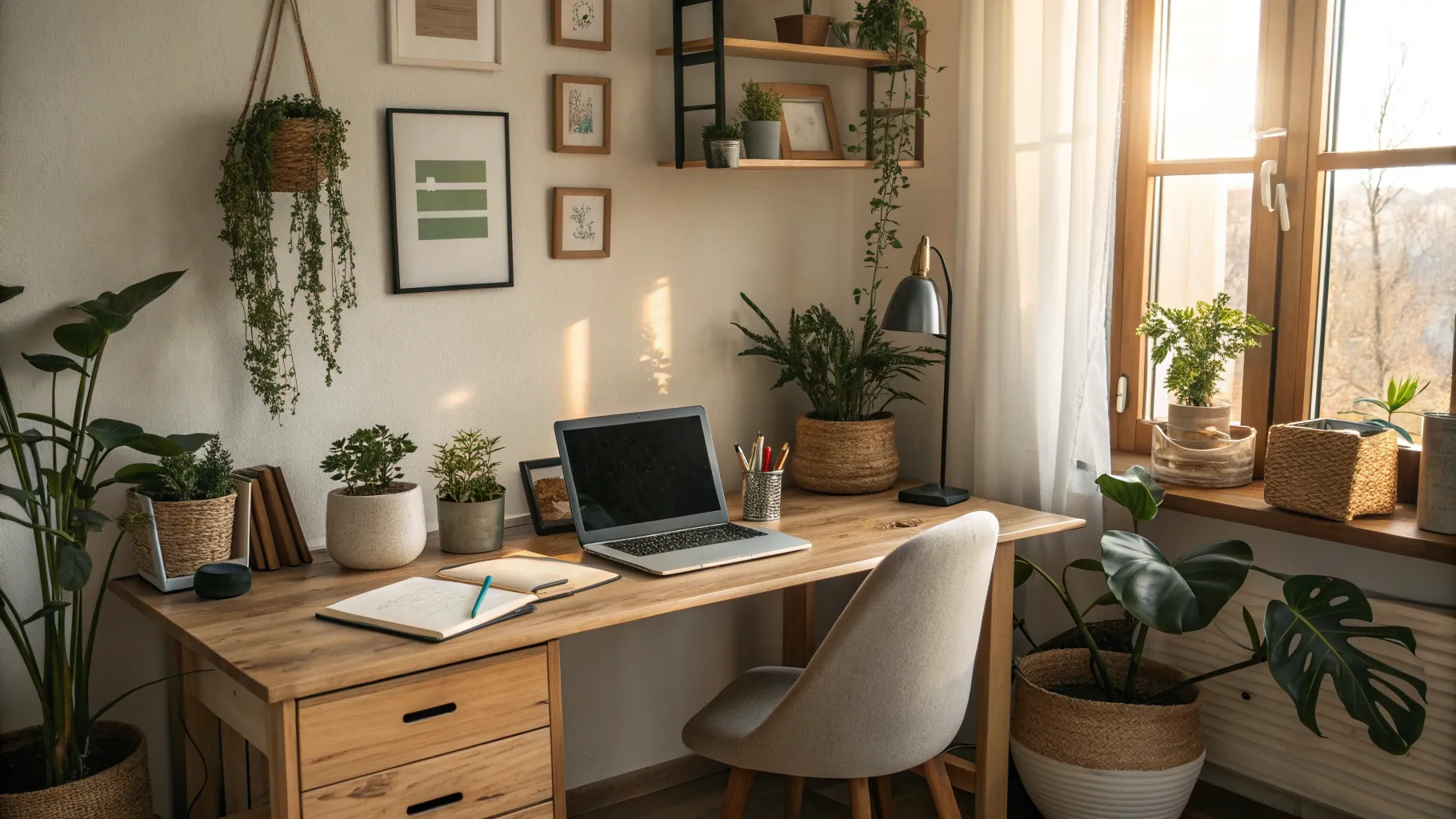 Top 5 melhores empregos mais bem pagos para idosos: Cozy workspace highlighting flexibility.