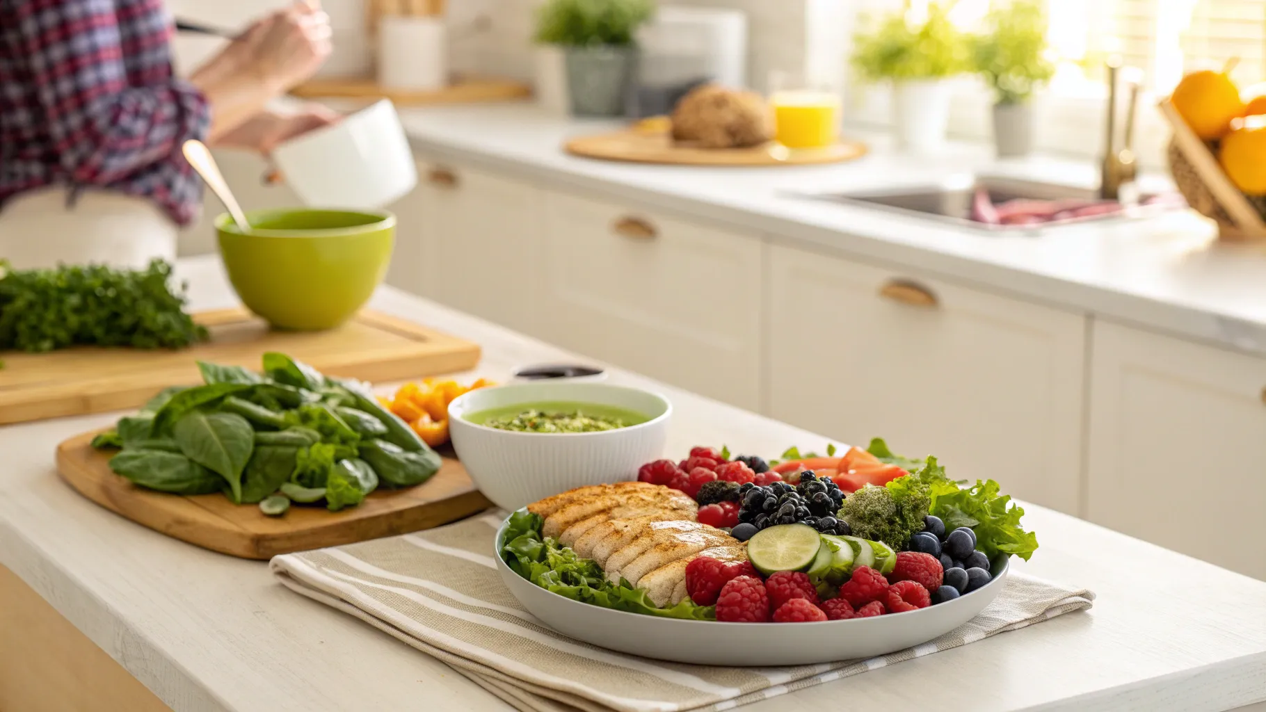 Uma bancada de cozinha organizada com alimentos frescos e saudáveis, como vegetais, frutas e proteínas, e uma xícara de chá. As mãos de uma pessoa estão ao fundo, preparando uma refeição.
