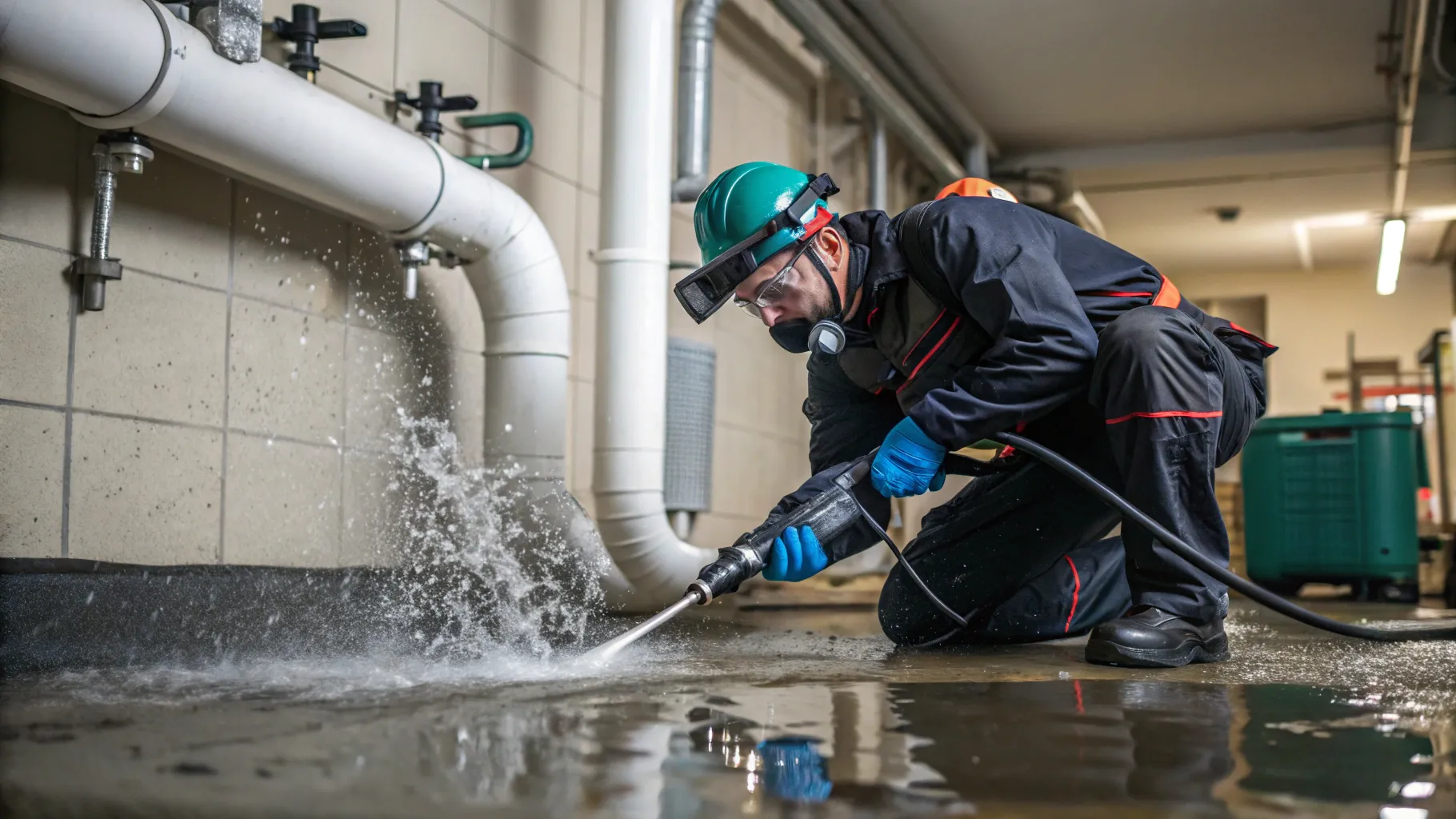 Desentupimento servicios featuring a plumber using equipment to unclog a drain.