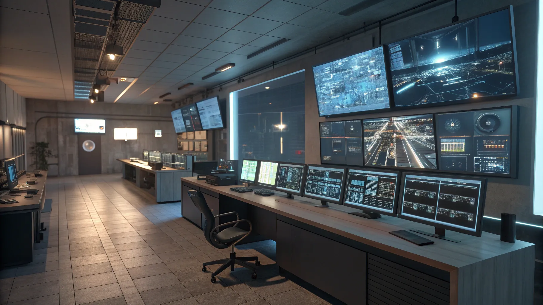 Guia Completo sobre Empresas de Segurança, showcasing a high-tech security control room.