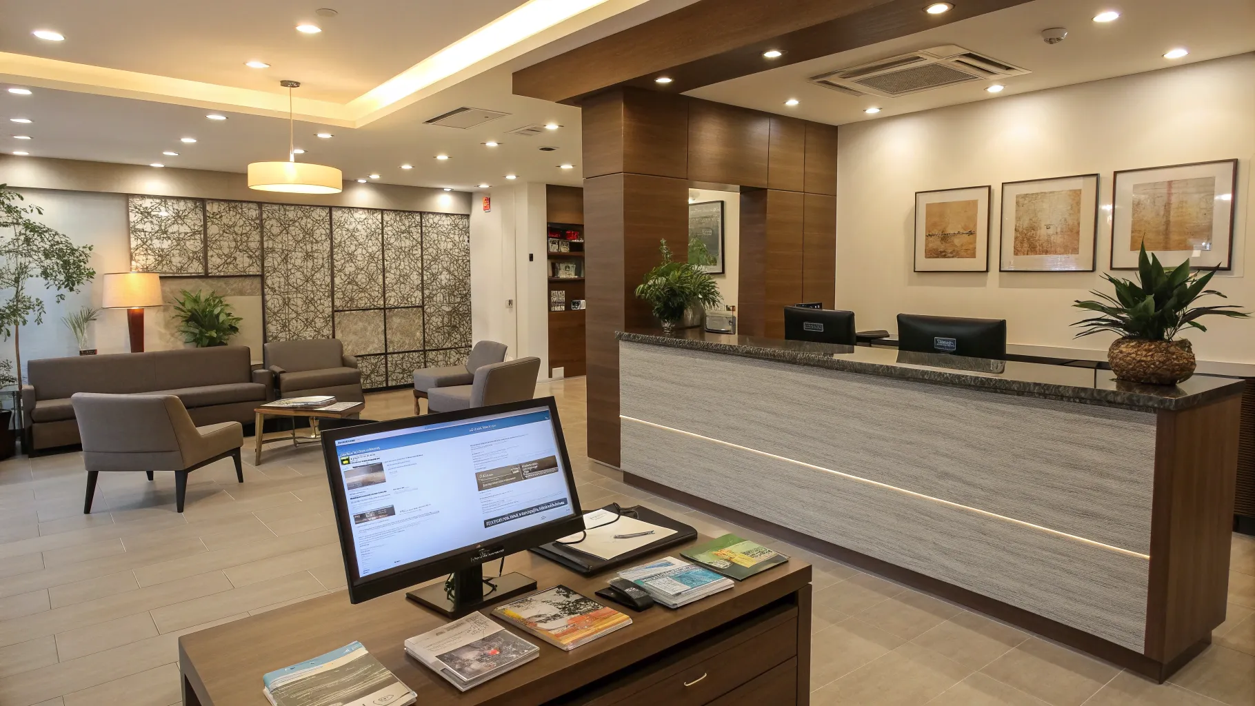 Empregos de Recepcionista feature a welcoming and organized reception area.