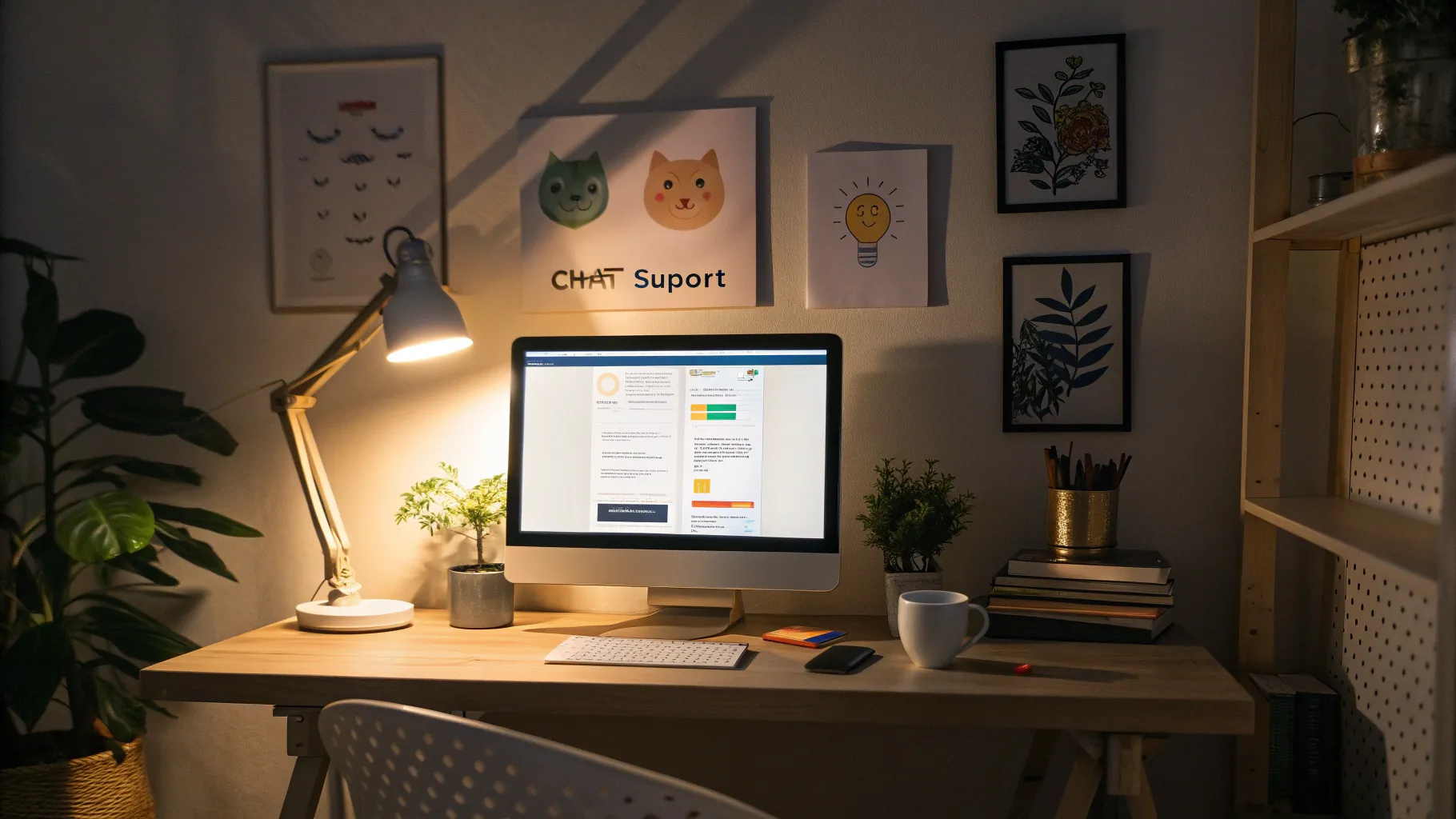 Nattskift chat support jobb hemifrån in a cozy nighttime home office setup.