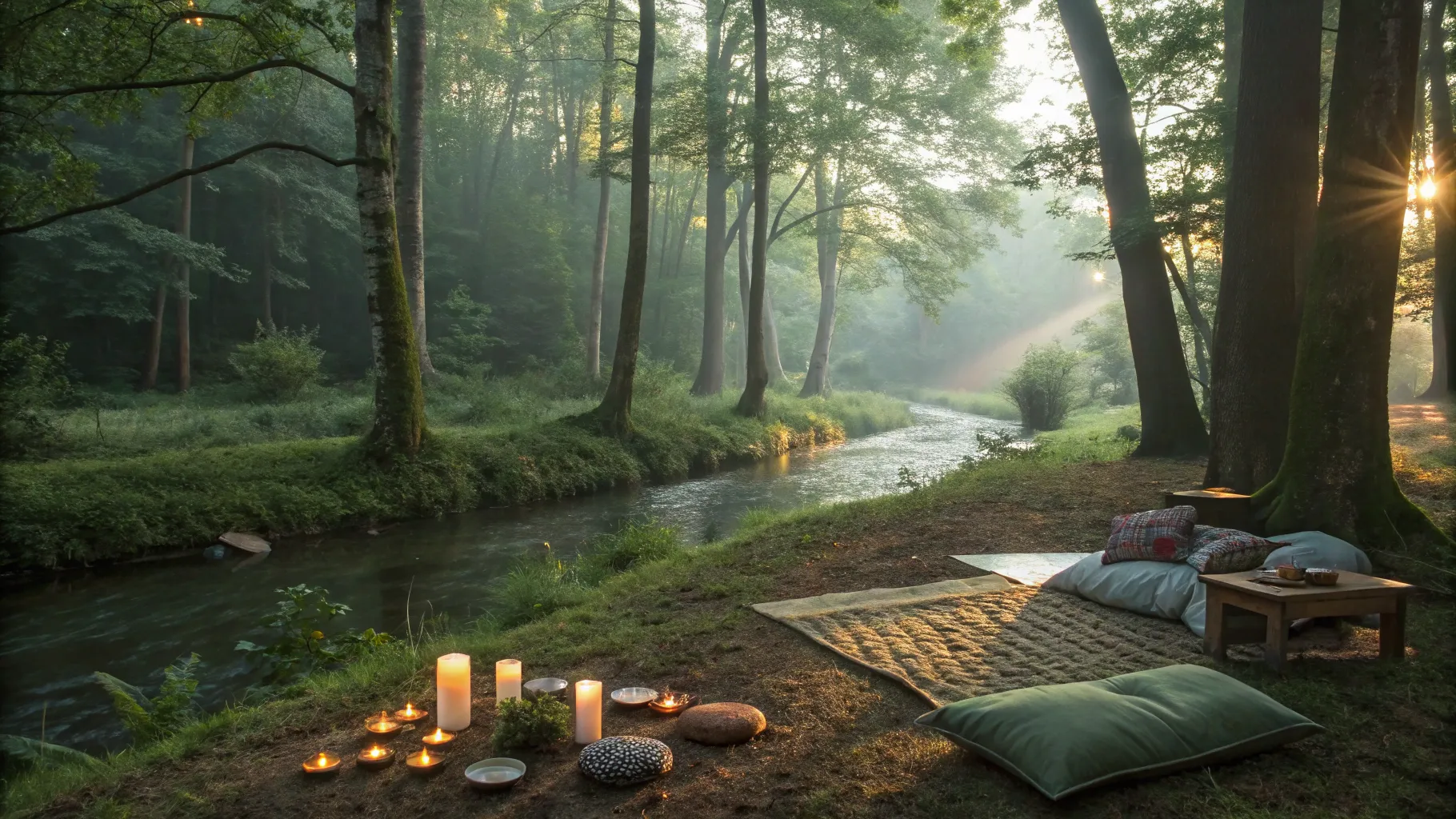 Mindfulness och Stresshantering Tips: A tranquil forest scene promoting relaxation.