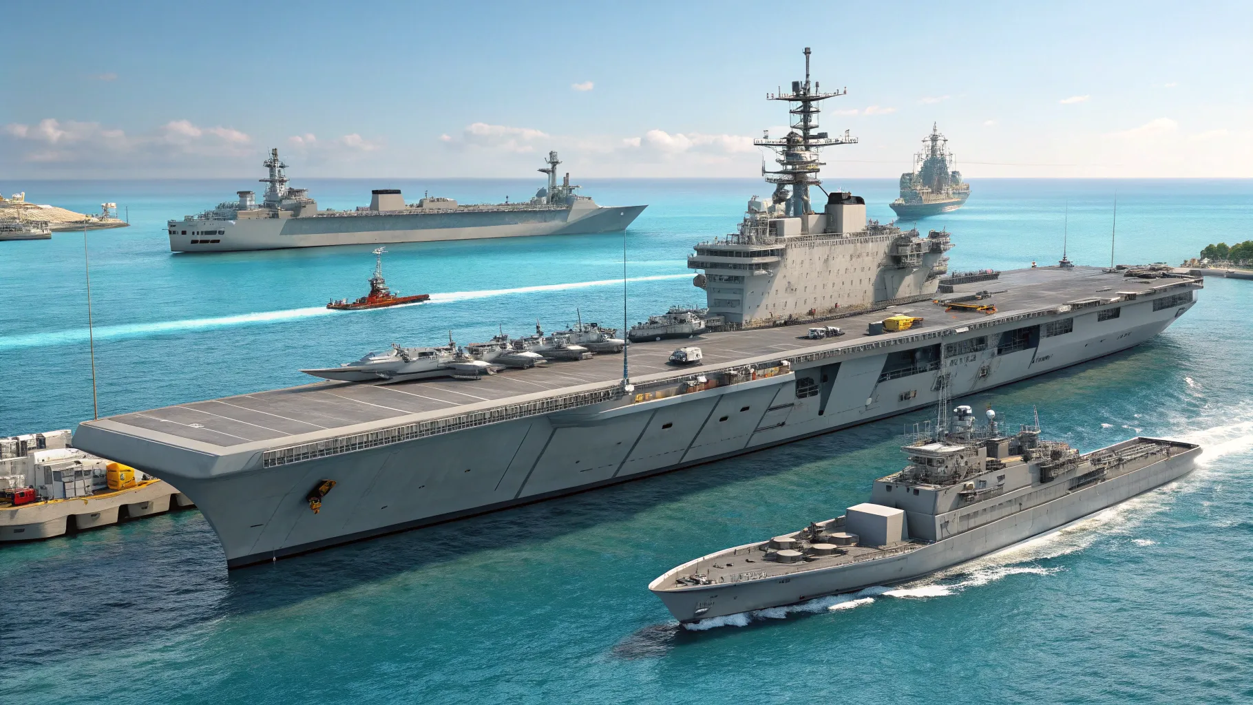 Mga Puwersang Pandagat at Panghimpapawid showcasing a modern naval fleet in a harbor.