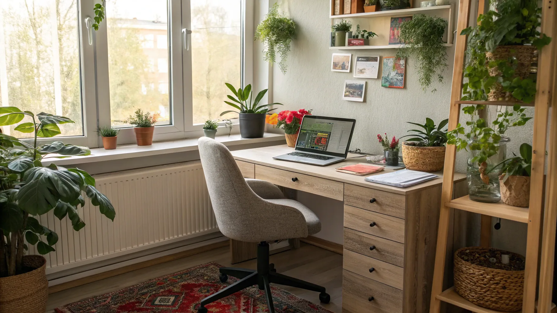 為老年人提供靈活的兼職工作 Cozy home office with plants and a laptop for remote work.